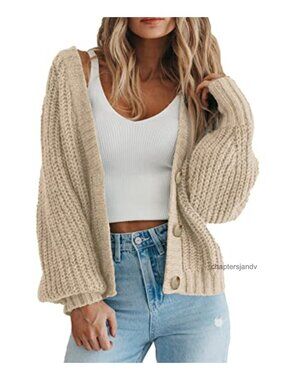 Chunky Knit Open Front Button Down Cardigan Sweater V Neck Long Sleeve
